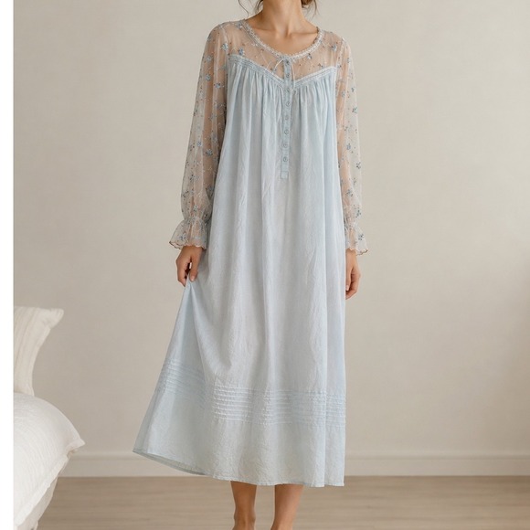 Eileen West Other - Eileen West Blue Cotton Embroidered Mesh Sleeve Lawn Nightgown Victorian Style M